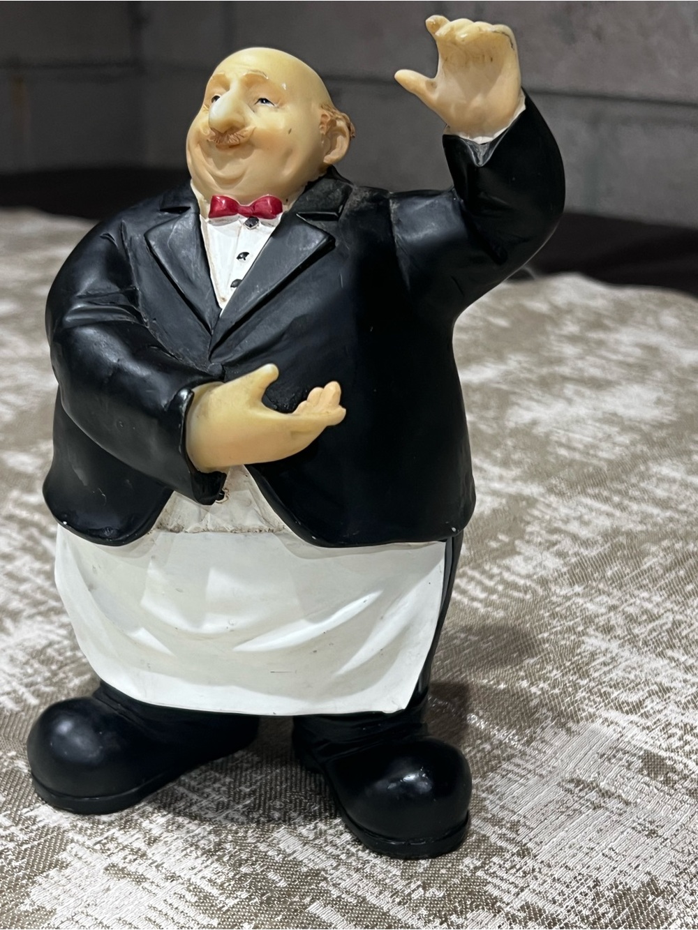 Young's Resin Hand Painted Waiter Figurine, Black Tuxedo Red Bow Tie 7in